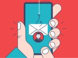 A drawing of a hand holding a cell phone that shows a picture of an envelope with a fishing hook on it.