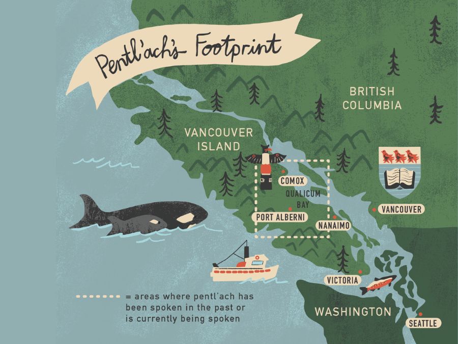 a map labeled "Pentl'ach's Footprint," depicting Vancouver Island and parts of British Columbia and Washington State.