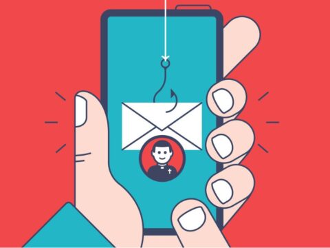 A drawing of a hand holding a cell phone that shows a picture of an envelope with a fishing hook on it.