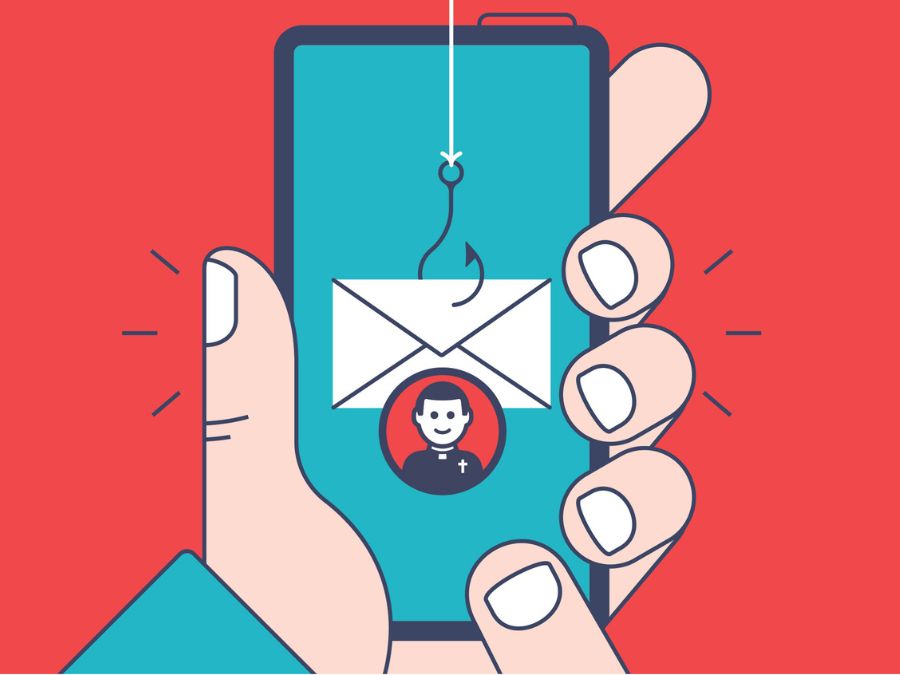 A drawing of a hand holding a cell phone that shows a picture of an envelope with a fishing hook on it.