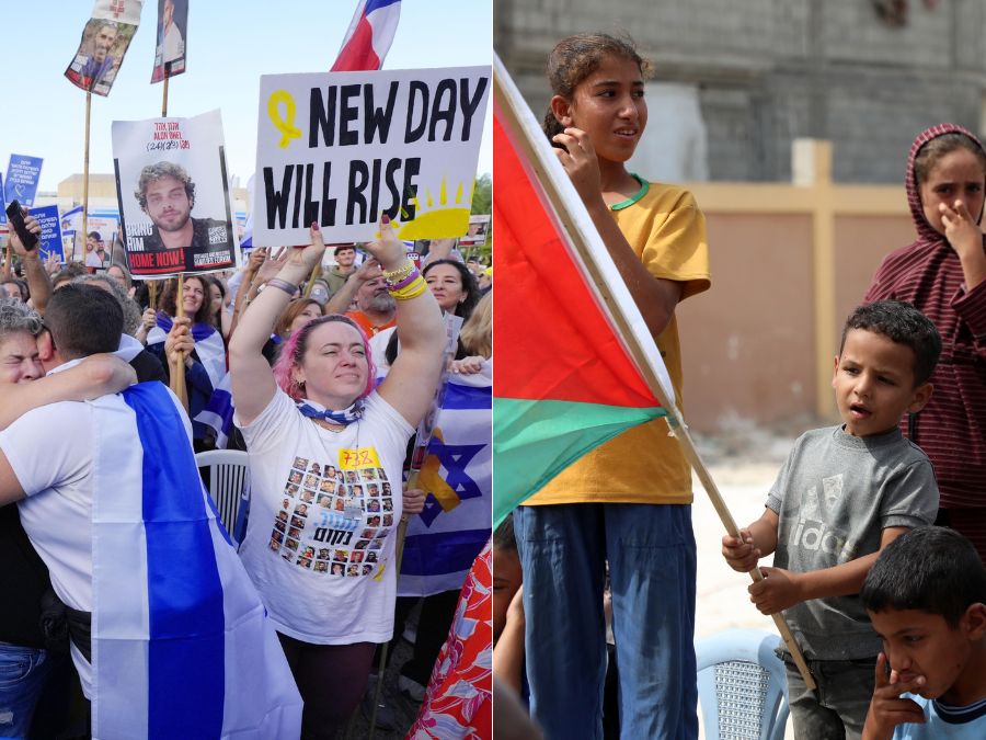 Left photo: A crowd of people with flags and signs celebrate; right photo: A group of children stand, one child holding a flag
