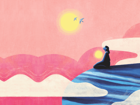 A person sits cross-legged on a blue hill, gazing at two birds flying under a bright yellow sun in a pink sky, conveying peace and introspection.