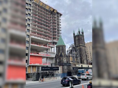 A church property under construction with scaffolding