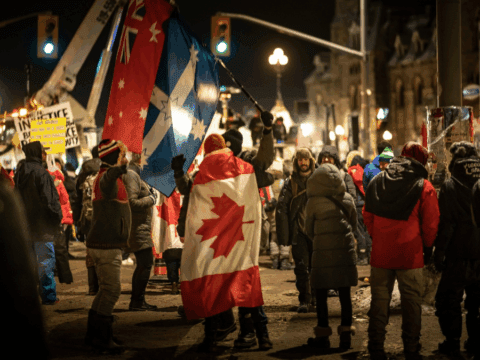 Crowd of protesters at night, waving Canadian and other flags. Participants wear winter clothing, creating a lively, determined atmosphere with glowing streetlights.