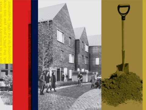 An illustration showcasing renderings from a Kindred Works project, a picture of a shovel and some text about the company
