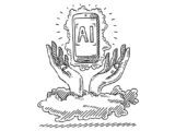 hands reach above a cloud to cradle a smartphone with the word "AI" on it