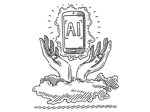 hands reach above a cloud to cradle a smartphone with the word "AI" on it