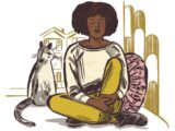 A young Black woman sits cross-legged beside a grey cat. Her eyes are closed and her expression is calm.