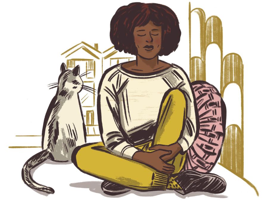 A young Black woman sits cross-legged beside a grey cat. Her eyes are closed and her expression is calm.