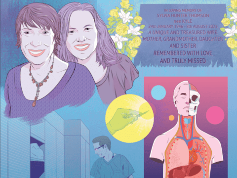 illustration of a mother and daughter, a gravestone, and an anatomical drawing of a human body